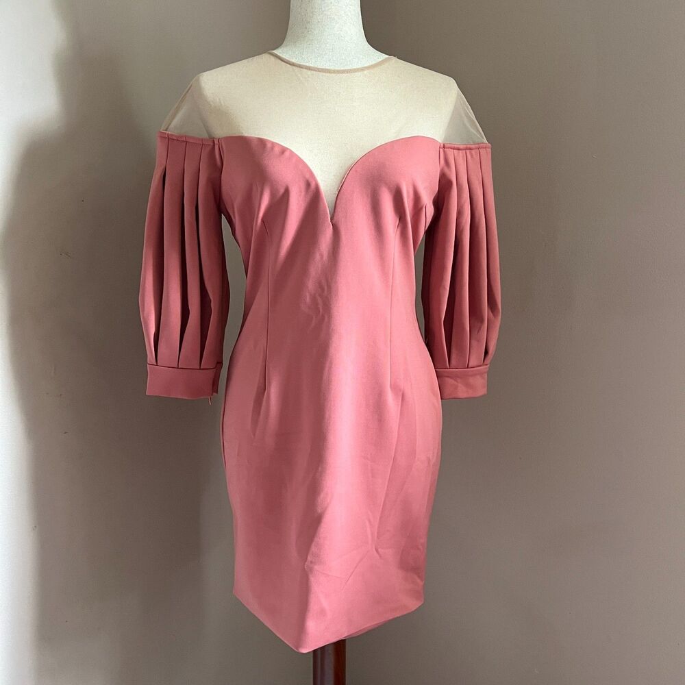 Miss Circle Pink Off Shoulder Bodycon Dress Mesh Panel‎ Puff Sleeve Party L NWT